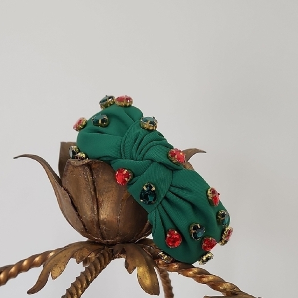 Green Knotted Fabric Headband with Gem Accents
